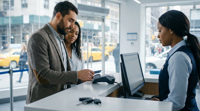 A person at a car rental counter in New York hands over their credit card to the agent
