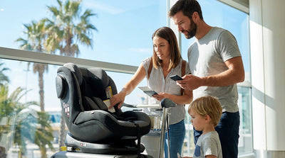 A parent installs a child car seat into the back of a family car rental on a sunny street in Florida