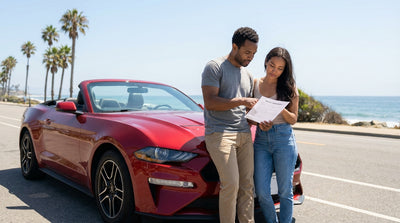 A red convertible car rental driving along the scenic Pacific Coast Highway in California