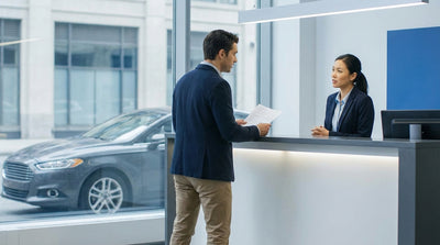 A modern car rental driving through the busy streets of Manhattan, New York with skyscrapers in the background