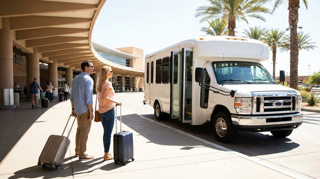 A white and blue car rental shuttle bus at the curb outside Terminal 3 of the Las Vegas airport