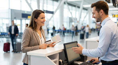 A person holds a passport and keys for their car rental in front of a counter at Philadelphia Airport