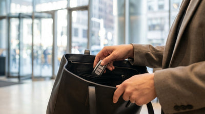 A hand holding a key fob inside a car rental with the blurred, bright lights of New York City in the background