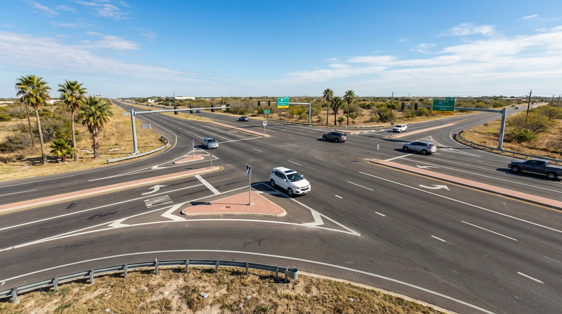 A car hire navigates the complex lanes and traffic signals of a continuous flow intersection in Texas