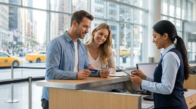 A silver car hire driving across the Brooklyn Bridge towards the New York City skyline on a sunny day