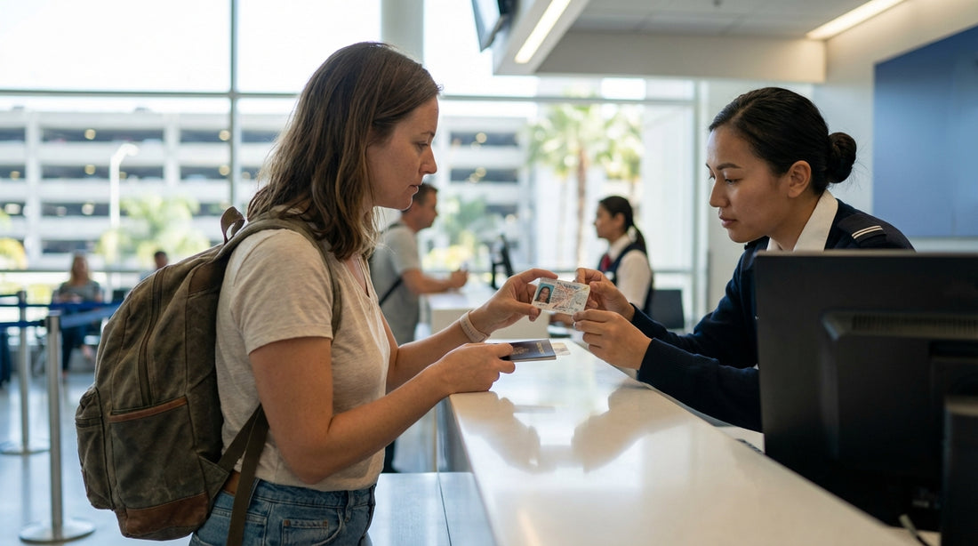 A person hands over their UK licence at a car hire desk in the United Estates
