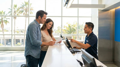A red convertible car rental driving on a scenic highway along the sunny California coast