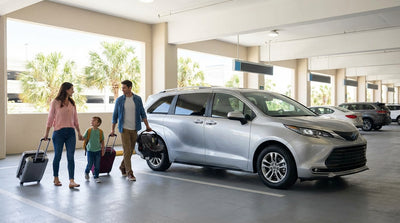 Travelers at a car hire counter inside the busy Orlando Airport terminal picking up their vehicle keys