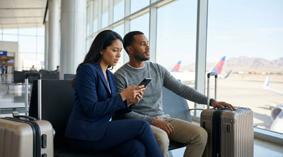 The bright, modern car hire center at Las Vegas airport with travelers waiting at the service counters