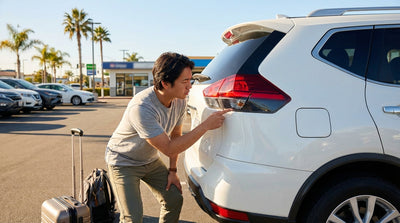 A person inspects a cracked headlight on their car rental vehicle in a sunny California parking lot