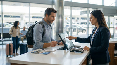 A person at a car hire counter in the United States holding a credit card and signing paperwork