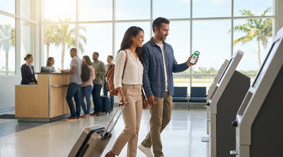 A smiling person holding keys in front of their car hire vehicle at the sunny Orlando airport parking garage