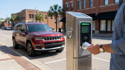A driver uses a modern street parking meter in Austin, Texas to pay for their car hire