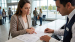 A person reviews a car rental agreement next to a sedan in a sunny Pennsylvania parking lot