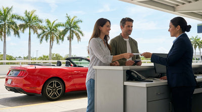 A smiling couple standing next to their convertible car hire under palm trees in Florida