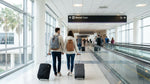 Passengers with luggage walking towards the car rental desks inside Orlando Airport Terminal A