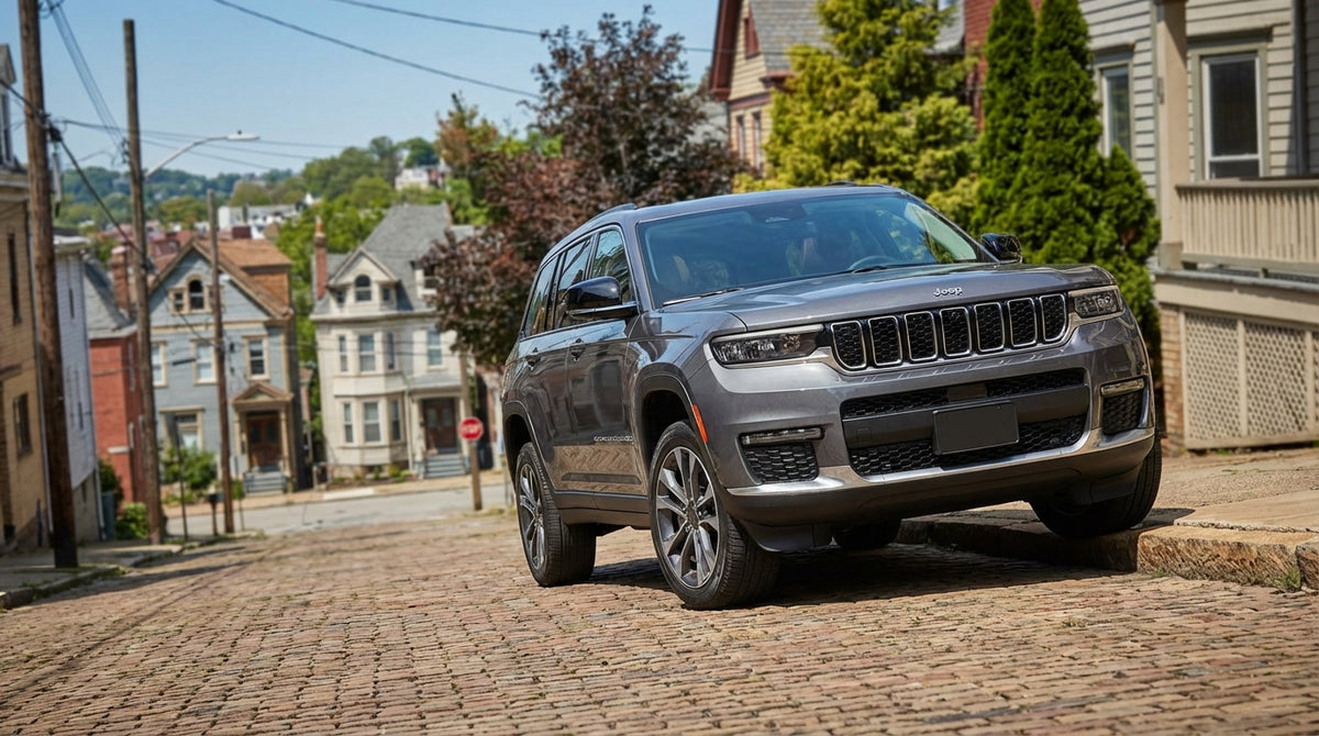 A car hire parked on a steep residential street in Pittsburgh, Pennsylvania with its wheels turned toward the curb