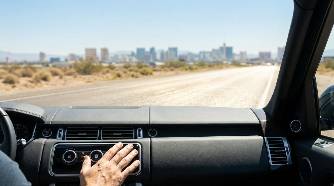 A modern car hire stopped in traffic on the sun-drenched Las Vegas Strip with iconic casinos in the background