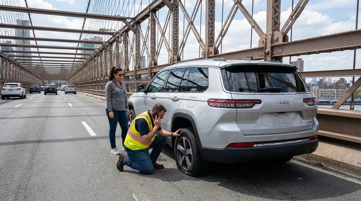 A New York car hire vehicle with a flat tyre stopped on the shoulder of a bridge overlooking the city skyline