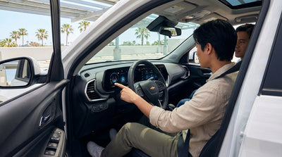 A driver's view from inside a modern car hire on a winding coastal highway in sunny California