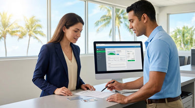 A modern convertible car rental driving on a sunny coastal highway in Florida with palm trees