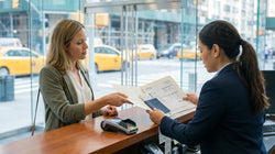 Person holding paperwork and keys next to a car rental vehicle parked on a New York street