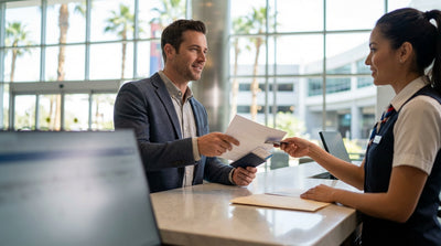A customer presents their driver's license to an agent for a car hire at a Las Vegas rental counter
