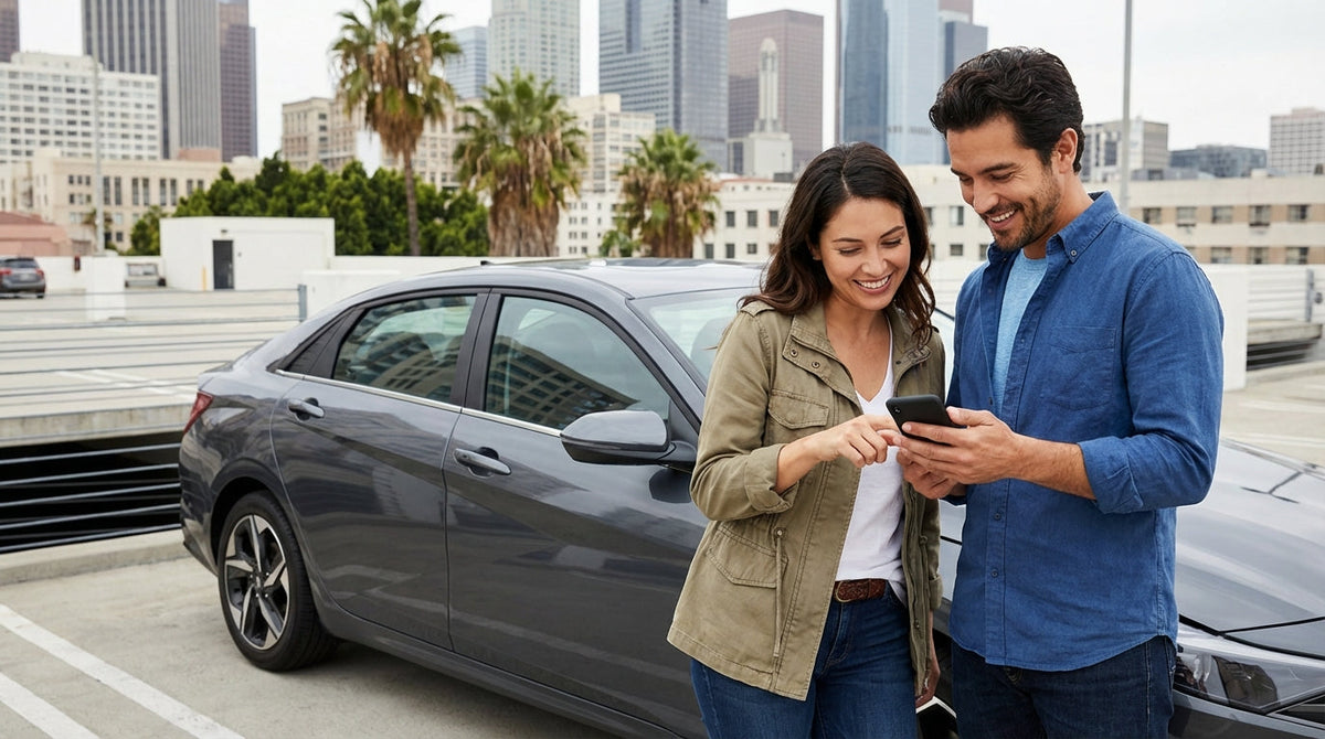 A convertible car hire parked overlooking the sunny downtown Los Angeles skyline