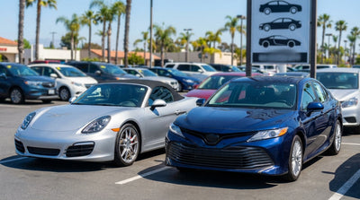 A row of various modern cars available for car hire, parked under palm trees in sunny California