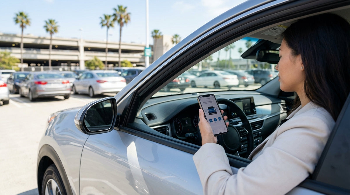 A person's hand touching the dashboard screen of a car rental to connect a smartphone in Los Angeles