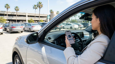 A person's hand touching the dashboard screen of a car rental to connect a smartphone in Los Angeles