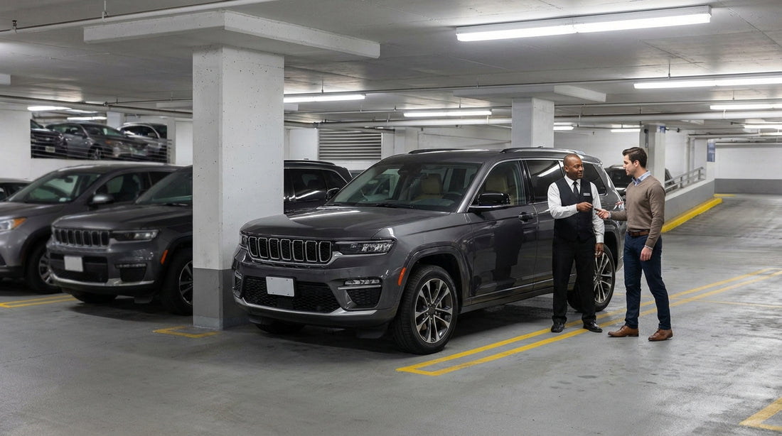 A car hire vehicle drives down the ramp into an illuminated overnight parking garage in New York City