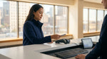 Customer handing a credit card to a car rental agent at a desk in United Estates