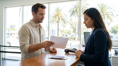 Person handing a paper driving licence across a car rental counter in Los Angeles