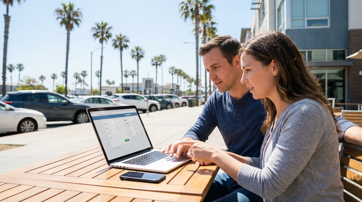 A person driving a convertible car hire along a sunny, winding coastal road in California
