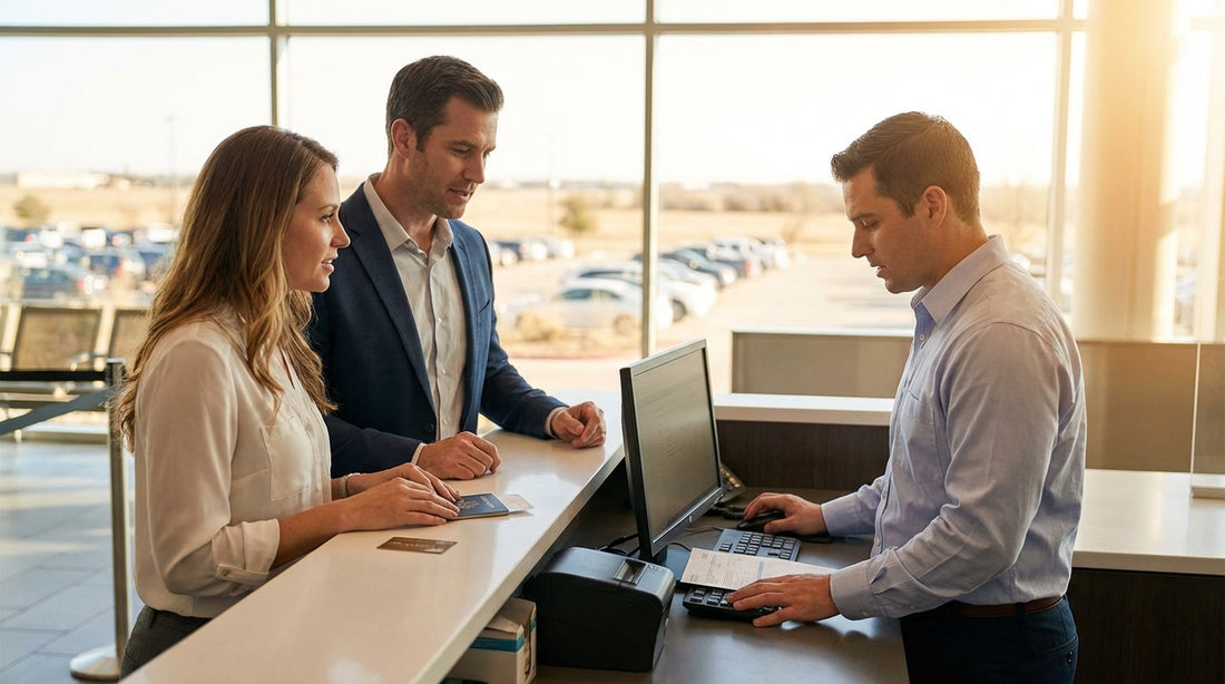 A traveler completes car hire paperwork at a rental desk inside a Texas airport terminal