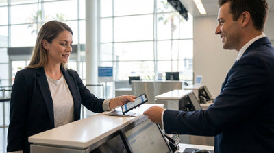 A row of cars at a car rental lot with the LAX control tower in the background in Los Angeles