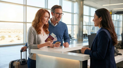 A person hands their passport to an agent at a car rental desk in the busy Las Vegas airport terminal