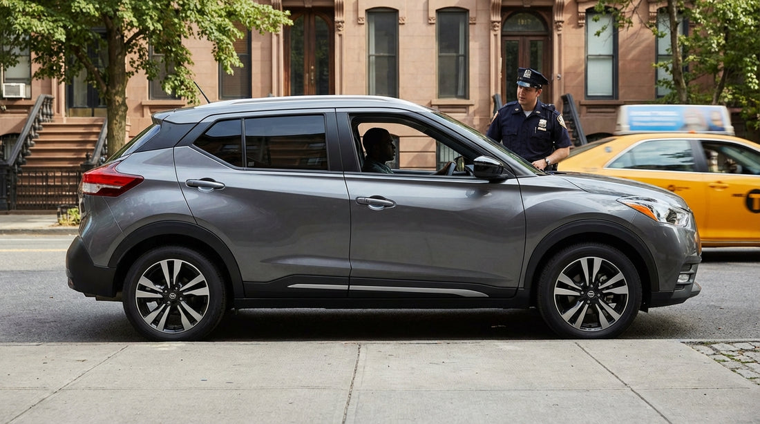 A modern car rental with tinted windows driving through traffic on a street in New York City