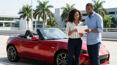 A white convertible car hire parked on a sunny Ocean Drive in Miami with palm trees and art deco hotels in the background