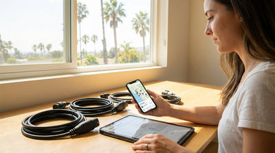 A white electric car hire vehicle plugged into a charging station with California palm trees in the background