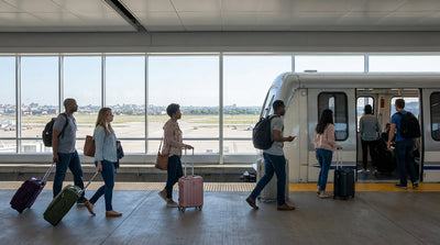 A modern JFK AirTrain arriving at the station for travelers heading to their car hire in New York