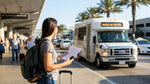 Passengers boarding a car rental shuttle bus outside the LAX airport terminal in Los Angeles