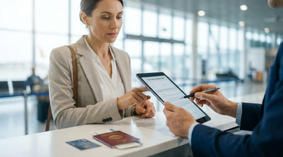 A person's hand receiving keys over a car hire agreement on a desk in the United States