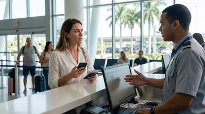 A traveler stands at a car rental desk in the Miami Airport terminal, speaking with an agent