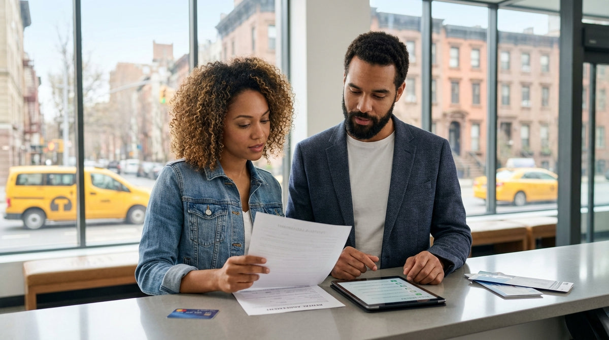 A white passenger van car rental parked on a busy New York City street with skyscrapers in the background