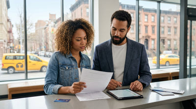 A white passenger van car rental parked on a busy New York City street with skyscrapers in the background