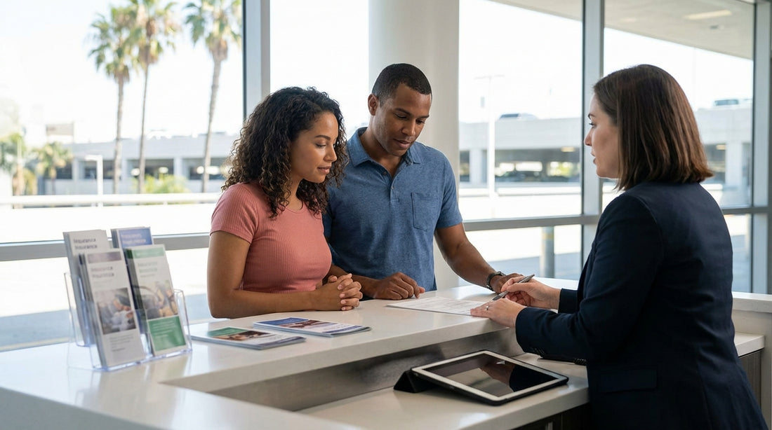 A red convertible car hire drives down a scenic coastal highway in California overlooking the Pacific Ocean