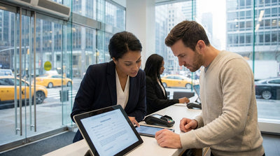 A person leaning against their car rental in New York, looking out over the Manhattan skyline from across the river