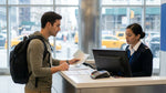 Customer presenting a travel document to an agent at a car rental desk in New York